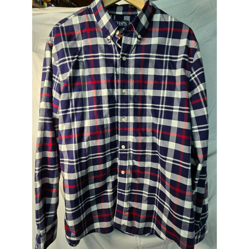 Chaps Men's XL Plaid Stretch Oxford Long Sleeve Button-Down Shirt – Navy Blue /